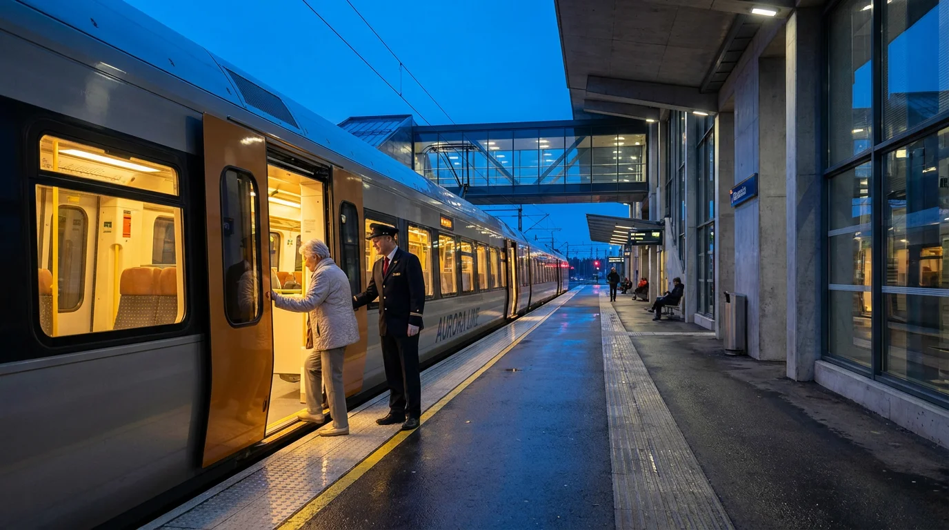 Train staff member helping an elderly woman board a modern train at dusk.