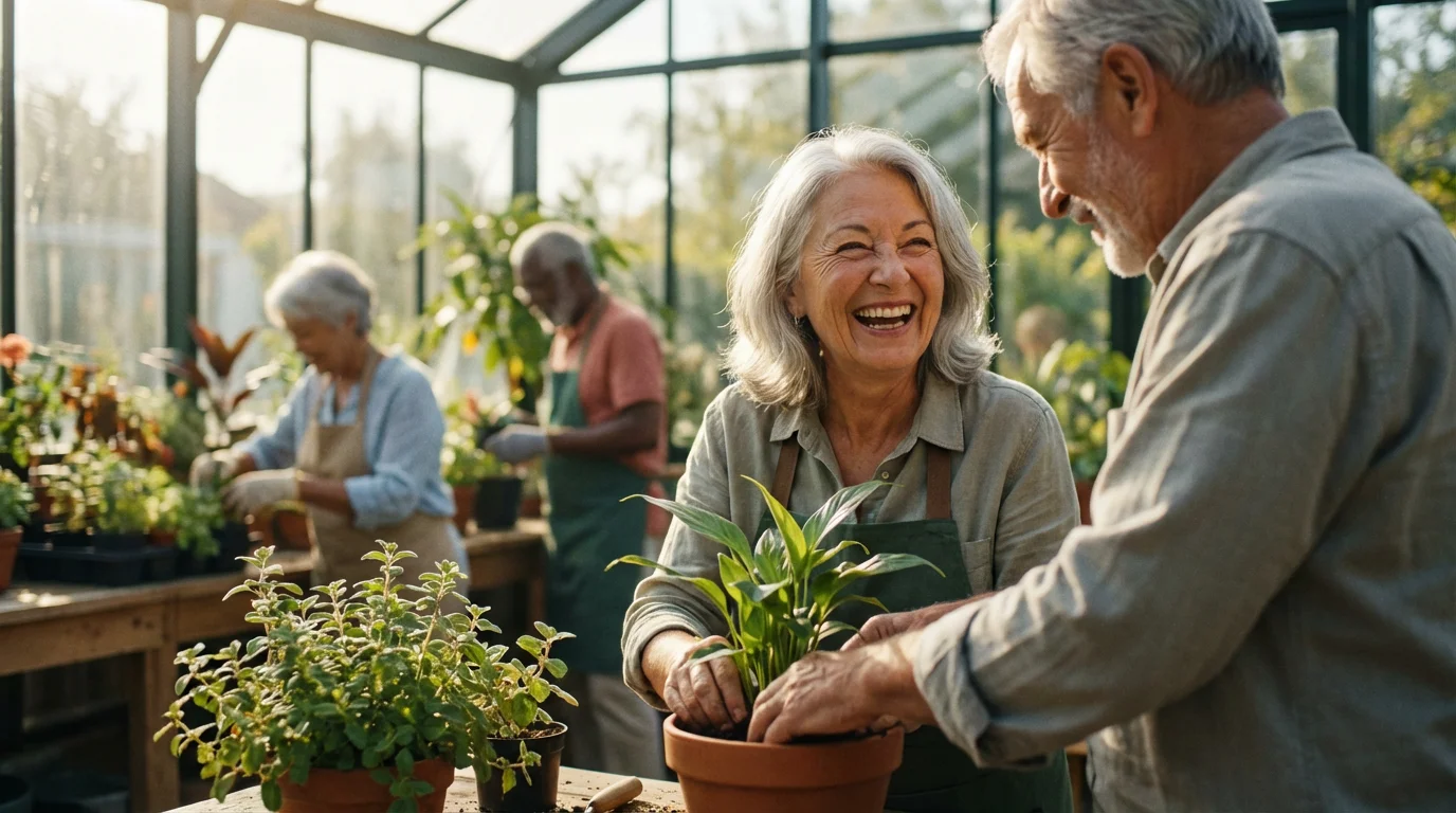 Two seniors happily gardening together, repotting a plant in a bright, sunlit community greenhouse.