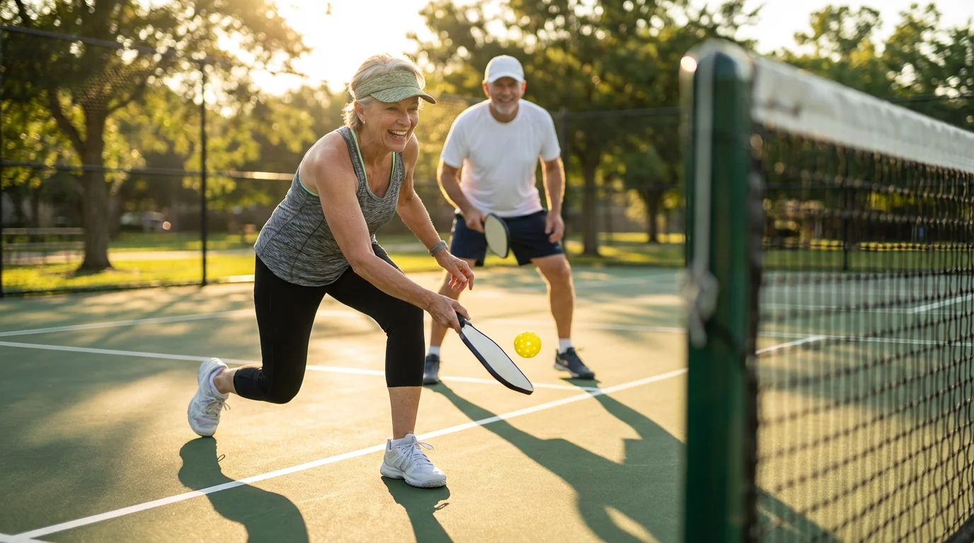 Two smiling seniors playing a doubles pickleball match on an outdoor court at sunset.