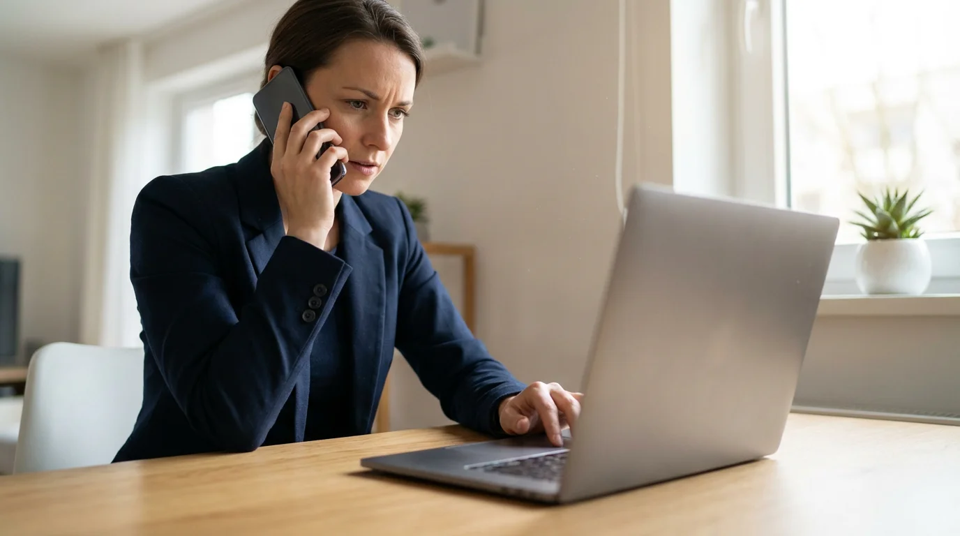 Woman on the phone troubleshooting an online banking problem on her laptop at home.