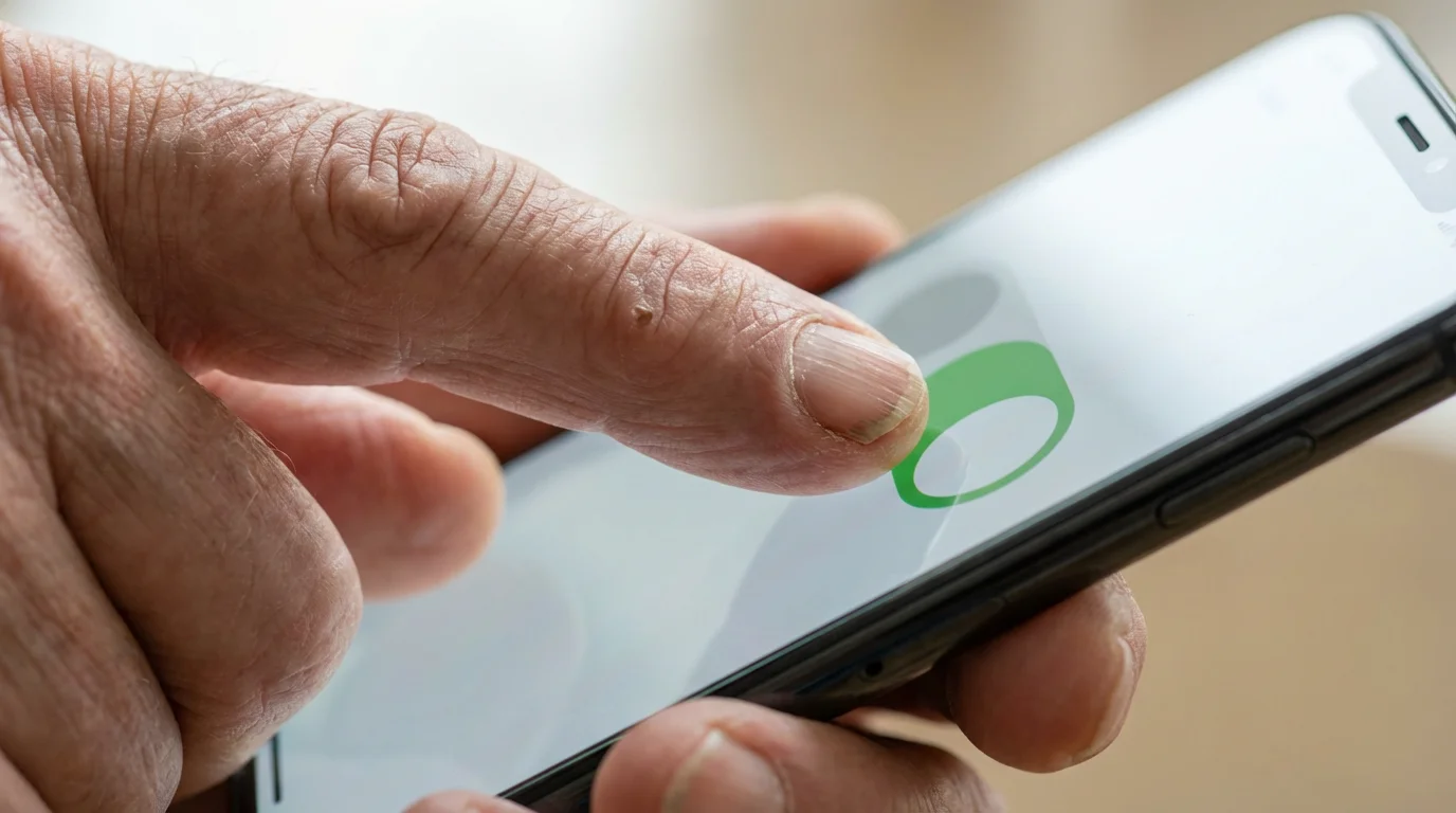 Macro photo of a senior's finger activating a large toggle switch on a smartphone.